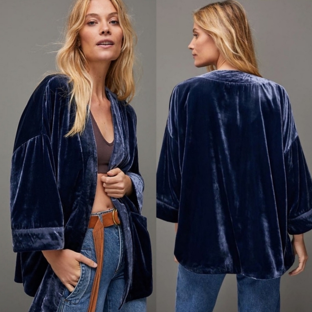 Anthropologie Esme Velvet Kimono Blazer, Size Small, Navy Blue